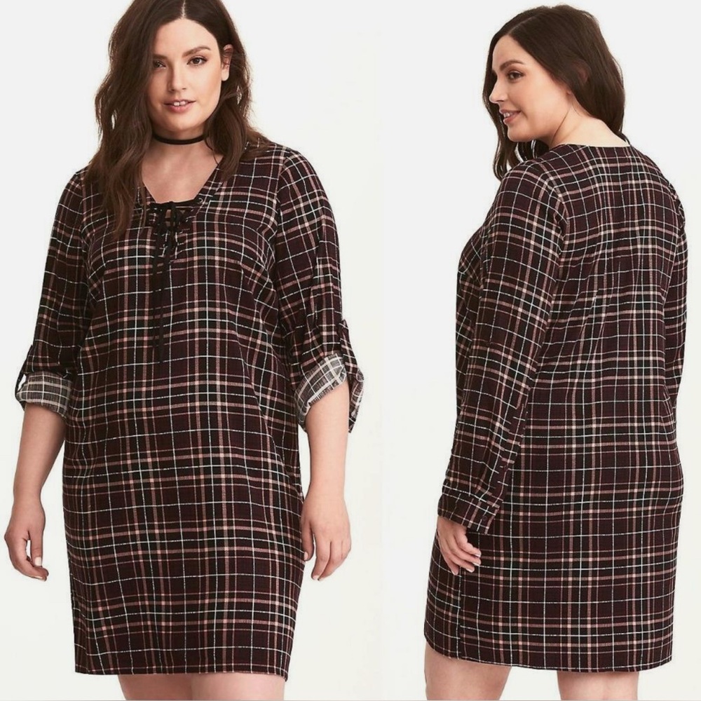 Plus 2X Torrid Women’s Wine Plaid Mod Punk Challis Lace Up Front Shirt Dress